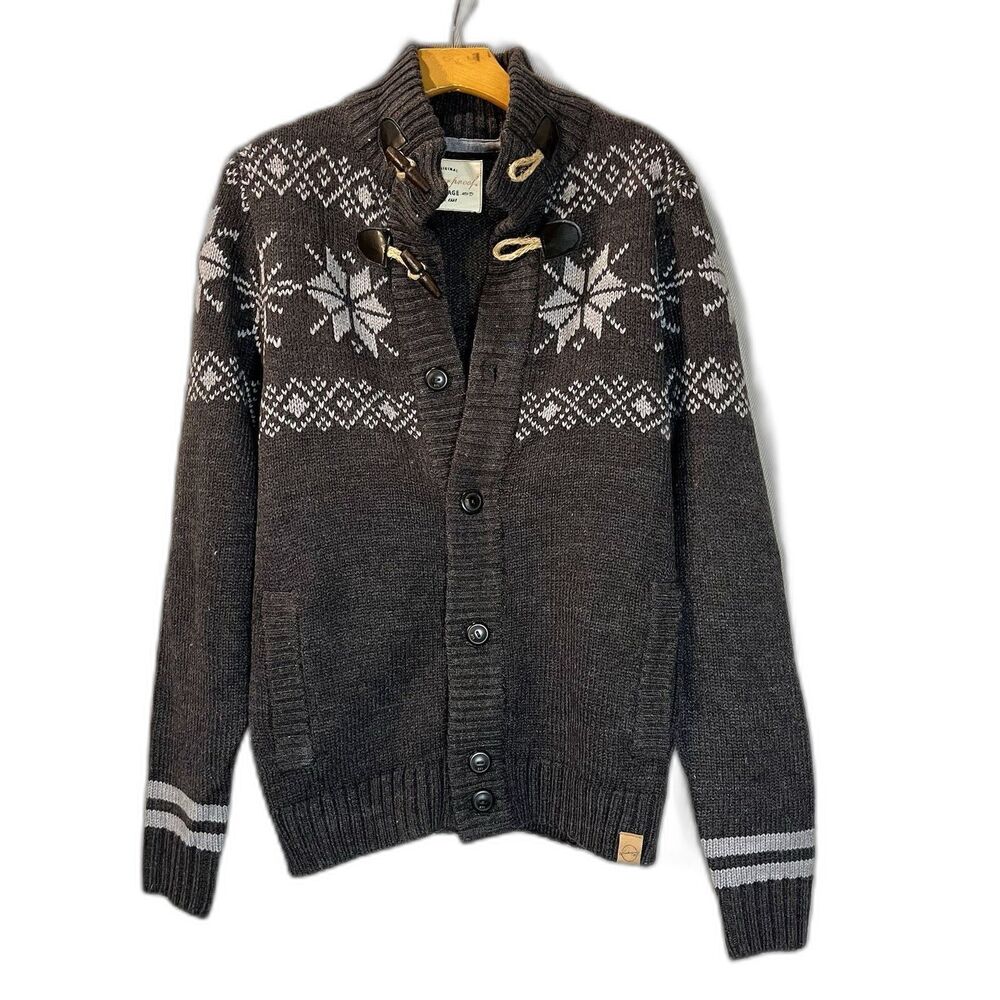 Weatherproof Vintage Men’s Shawl Cardigan Sweater S Gray Fair Isle Toggle Knit
